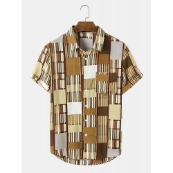 Mens Plaid   Striped Print Chest Pocket Short Sleeve Shirts